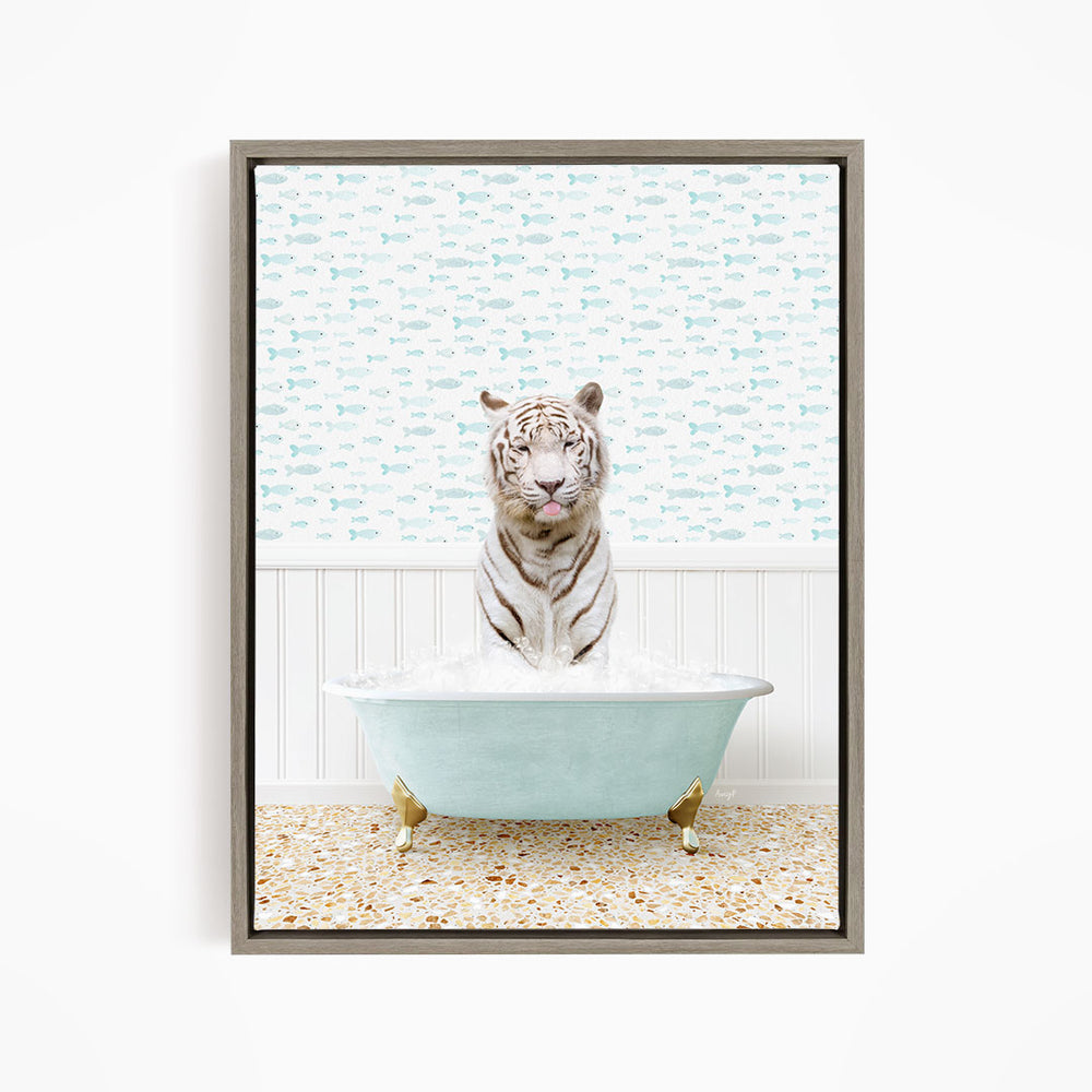 A white tiger is sitting in a light blue bathtub filled with water, surrounded by a pattern of small fish.