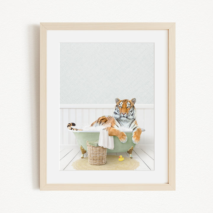 A tiger is sitting in a green bathtub, surrounded by rubber ducks, in a serene and whimsical setting.