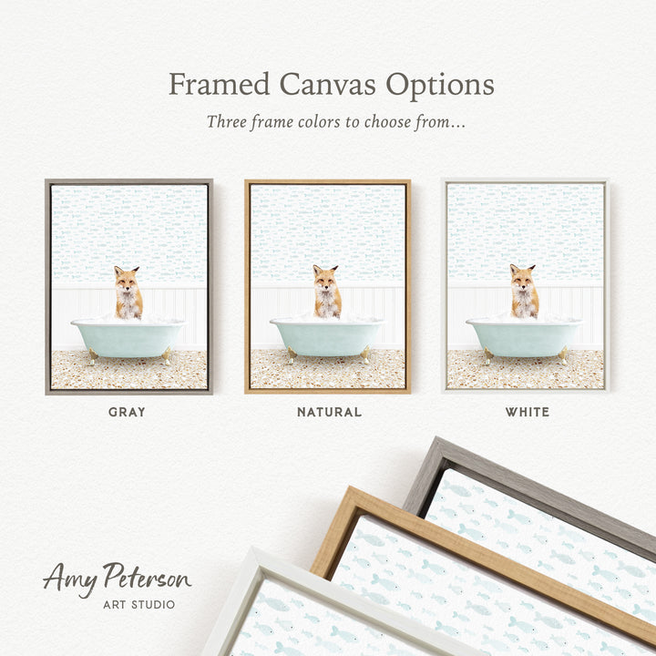 The image is a framed canvas option showcasing three different framed pictures of a small dog sitting in a bathtub. The options include a gray frame, a natural frame, and a white frame.