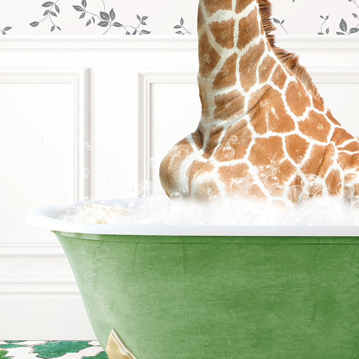 a giraffe sticking its head out of a bathtub