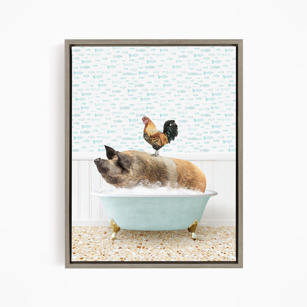 A rooster stands on the back of a pig sitting in a bathtub filled with water, creating a whimsical and humorous scene.