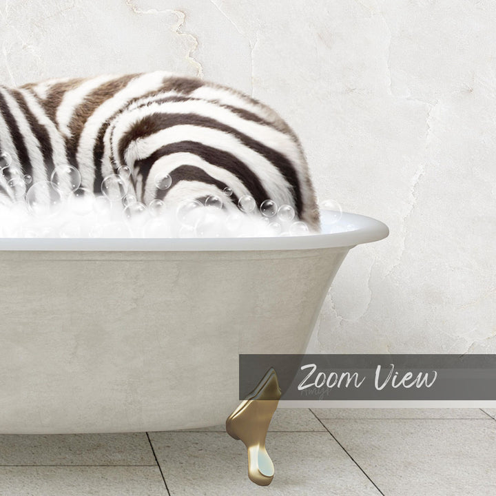 A zebra lying in a bathtub filled with bubbles, with a "Zoom View" label below the image.