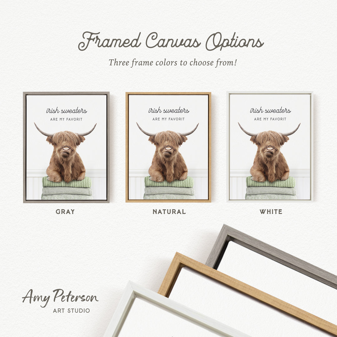 three framed canvas options, each featuring a different color and frame style. The text above the options reads " Framed Canvas Options" and "Three frame colors to choose from!". The text below the options states "Irish sweaters are my favorite" and "Irish sweaters are my favorite". The artist's name, Amy Peterson, is also mentioned at the bottom of the image.