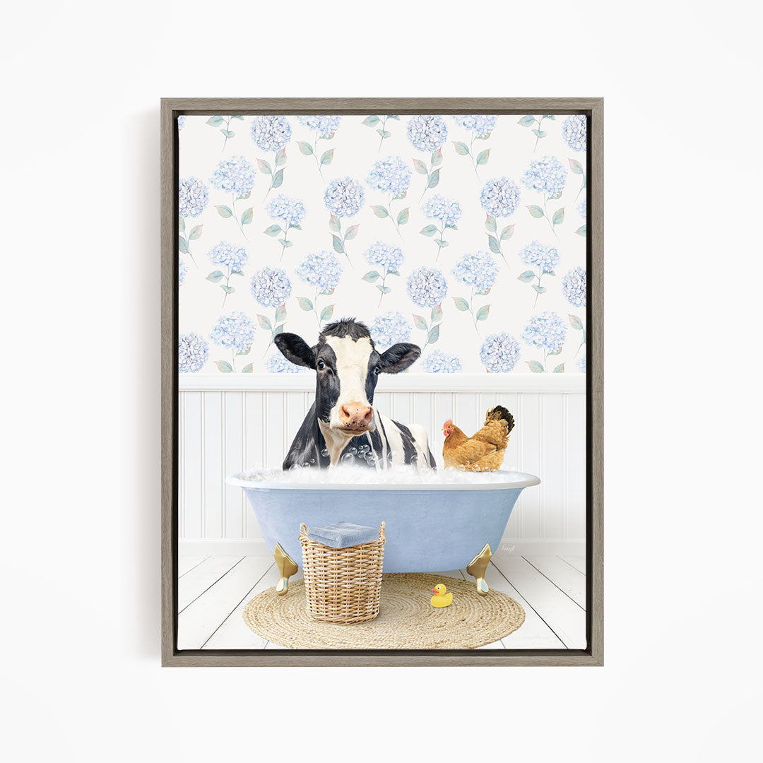 A cow is sitting in a bathtub filled with water, surrounded by a chicken and a duck, with a floral patterned wall in the background.