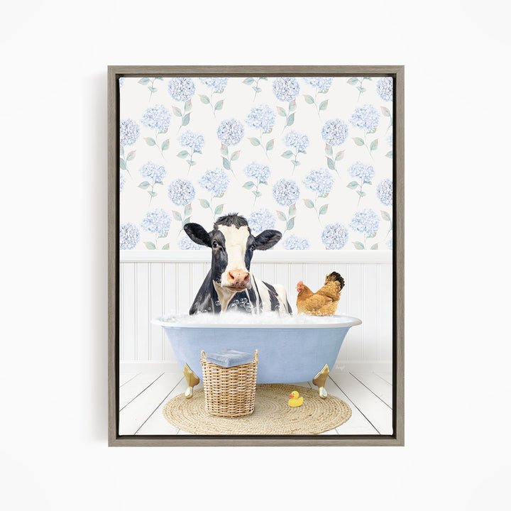 A cow is sitting in a bathtub filled with water, surrounded by a chicken and a duck, with a floral patterned wall in the background.