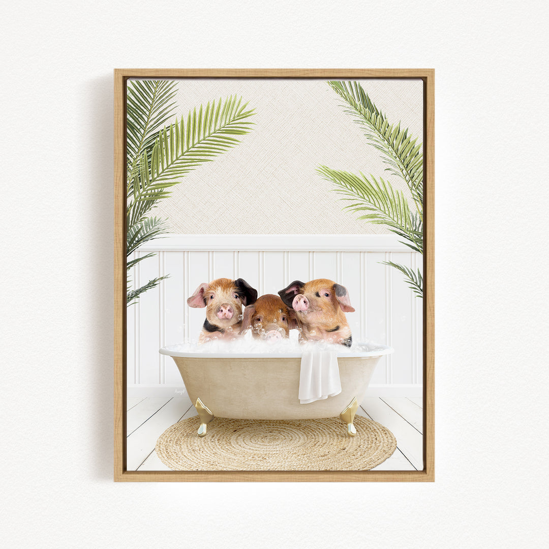 Three adorable pigs sitting in a bathtub, surrounded by lush green palm leaves, creating a whimsical and playful scene.