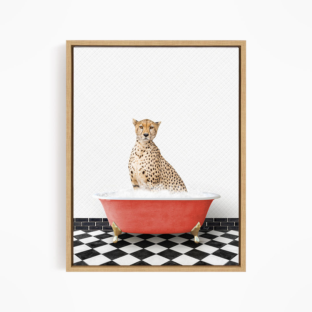 A cheetah sitting in a red bathtub filled with water, with a black and white checkered floor beneath it.
