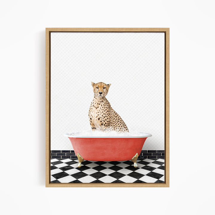 A cheetah sitting in a red bathtub filled with water, with a black and white checkered floor beneath it.