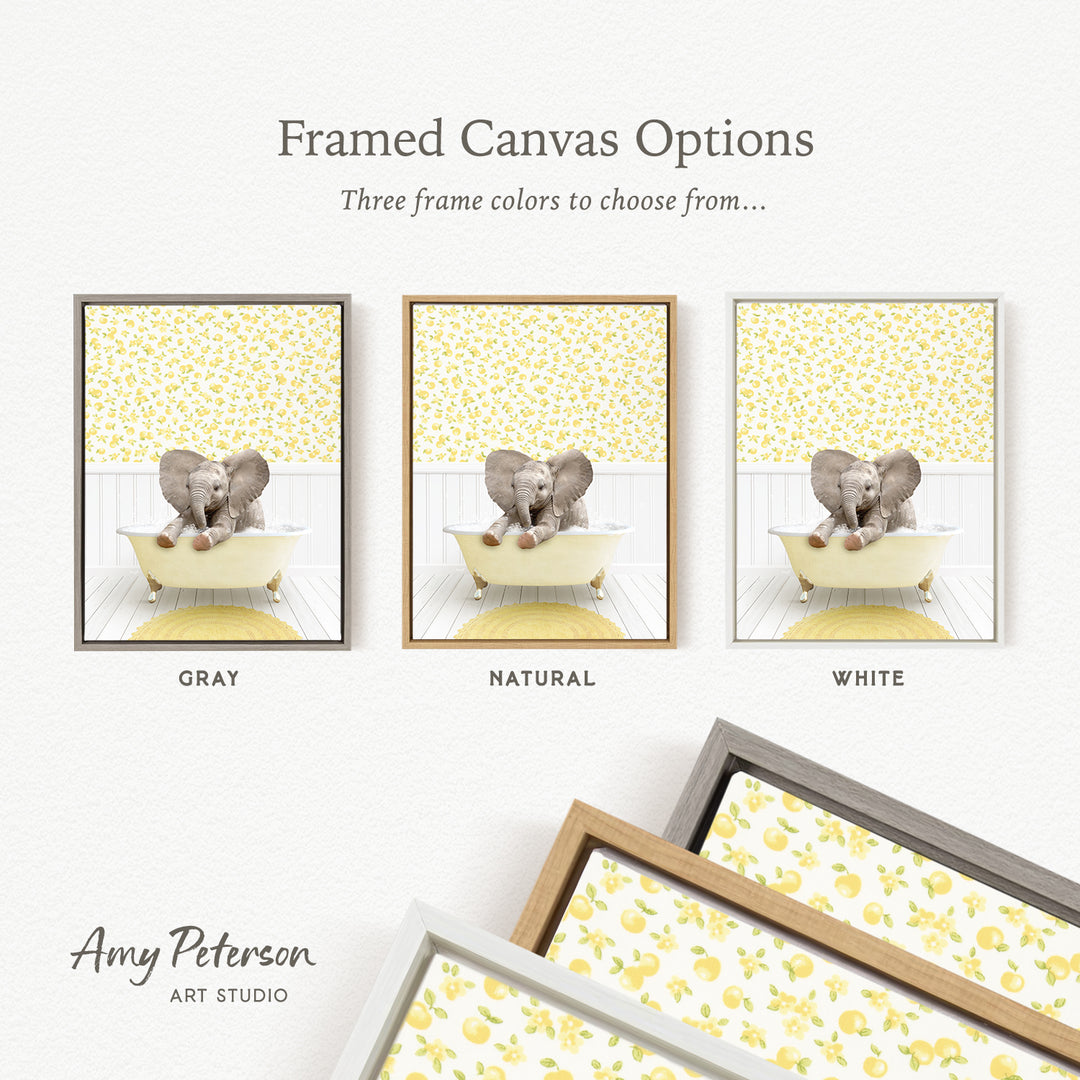The image is a framed canvas option showcasing three different framed canvas options with a similar design featuring elephants in a bathtub. The options include a gray frame, a natural frame, and a white frame.