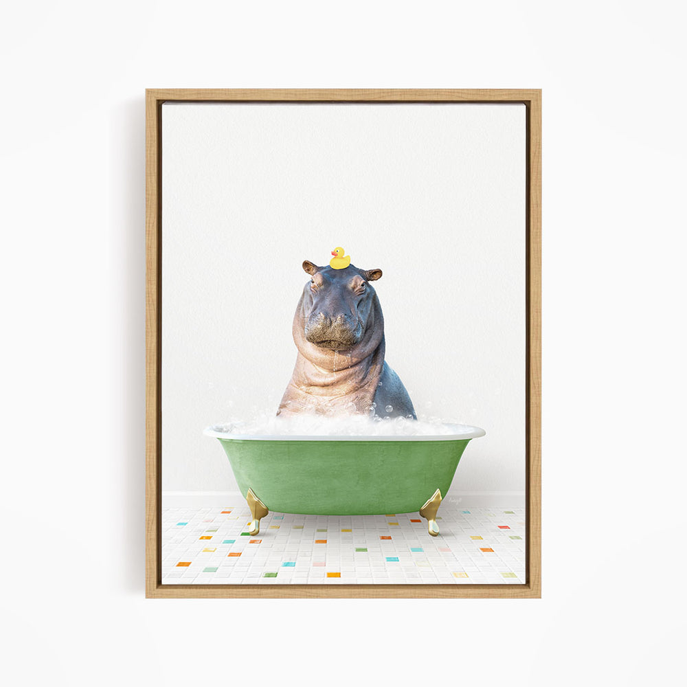 A hippopotamus sitting in a green bathtub filled with bubbles, wearing a yellow rubber duck hat.