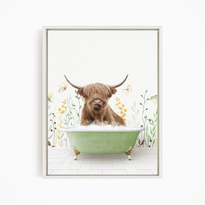 A brown cow with horns is sitting in a green bathtub filled with water, surrounded by flowers and butterflies.