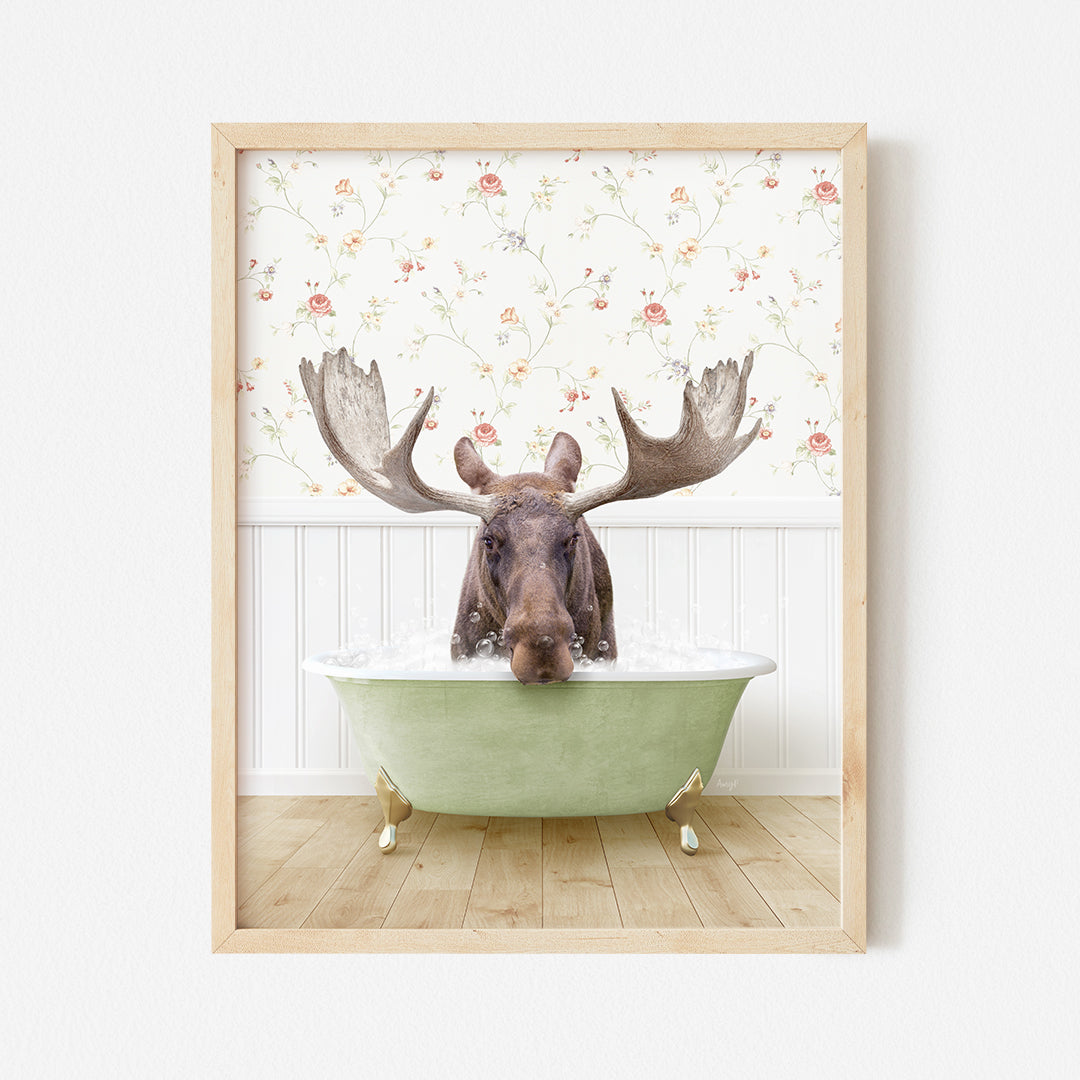 a moose is taking a bath in a green bathtub