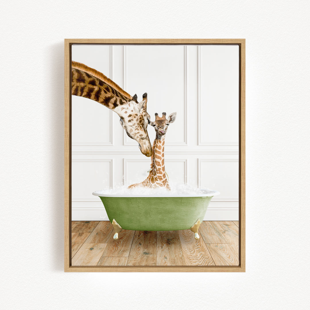 A mother giraffe and her baby giraffe enjoying a bath together in a green bathtub.
