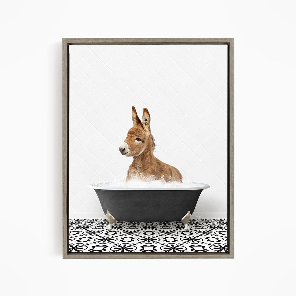 A donkey is sitting in a bathtub filled with water, surrounded by a black and white patterned tile floor.