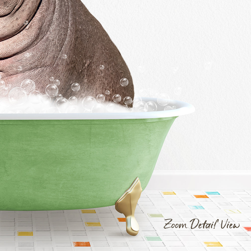A green bathtub filled with bubbles, with a gold bathtub leg visible, and a colorful tiled floor in the background.
