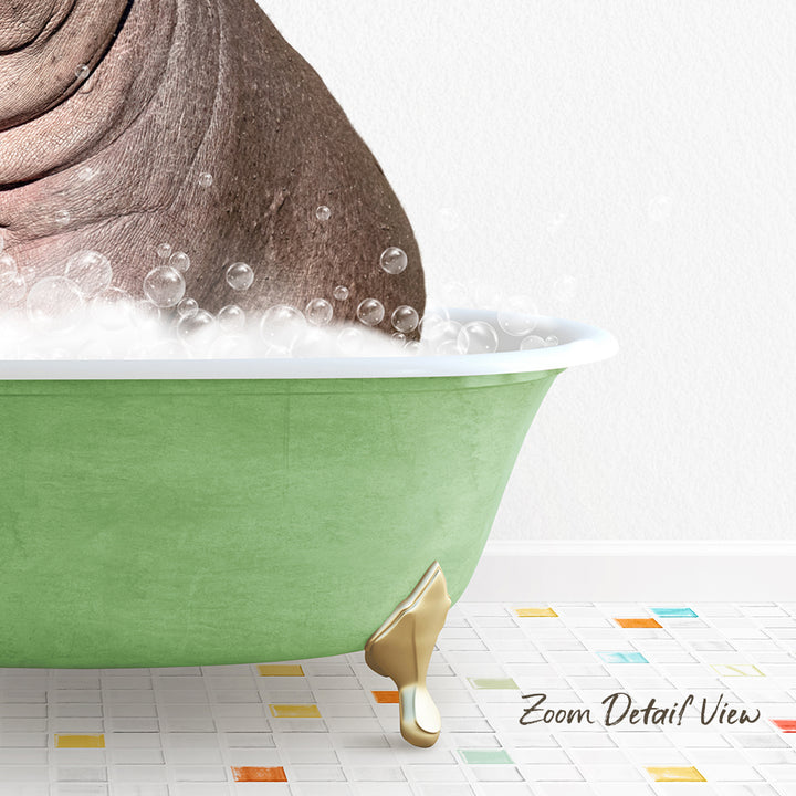 A green bathtub filled with bubbles, with a gold bathtub leg visible, and a colorful tiled floor in the background.
