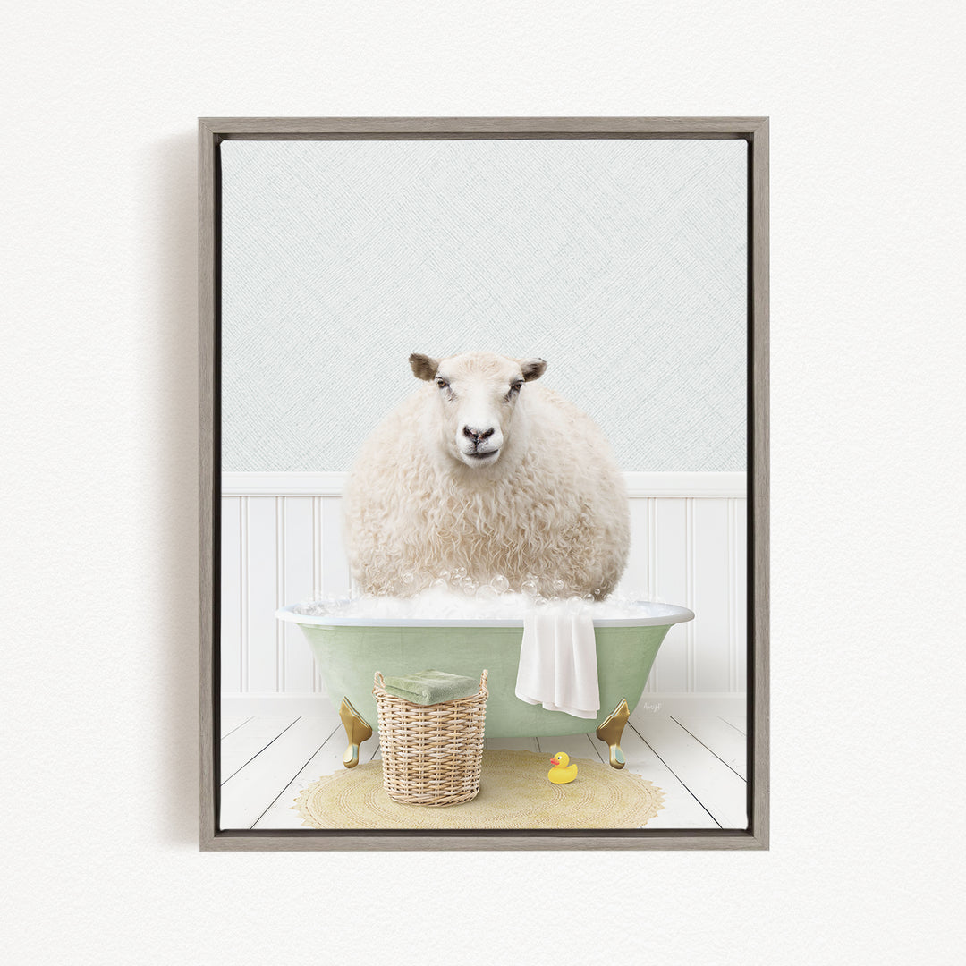 A fluffy white sheep sits in a green bathtub filled with bubbles, surrounded by a basket of toys and a yellow rubber duck.