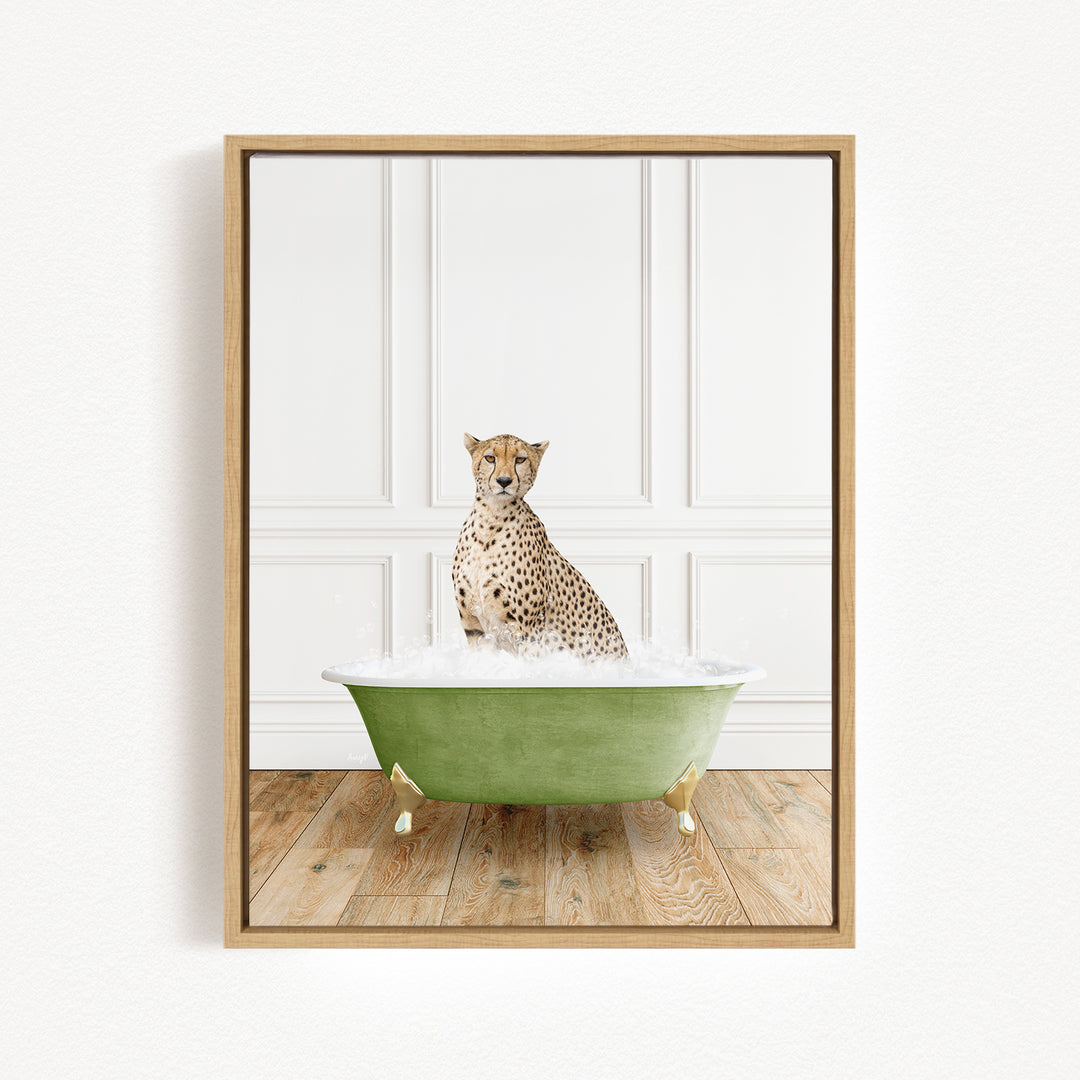 A cheetah sitting in a green bathtub filled with water, with a white wall and wooden floor in the background.