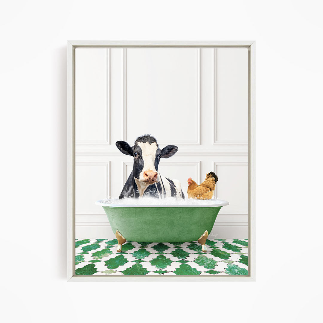A black and white cow is sitting in a green bathtub, with a chicken standing nearby, both appearing to enjoy a relaxing bath together.