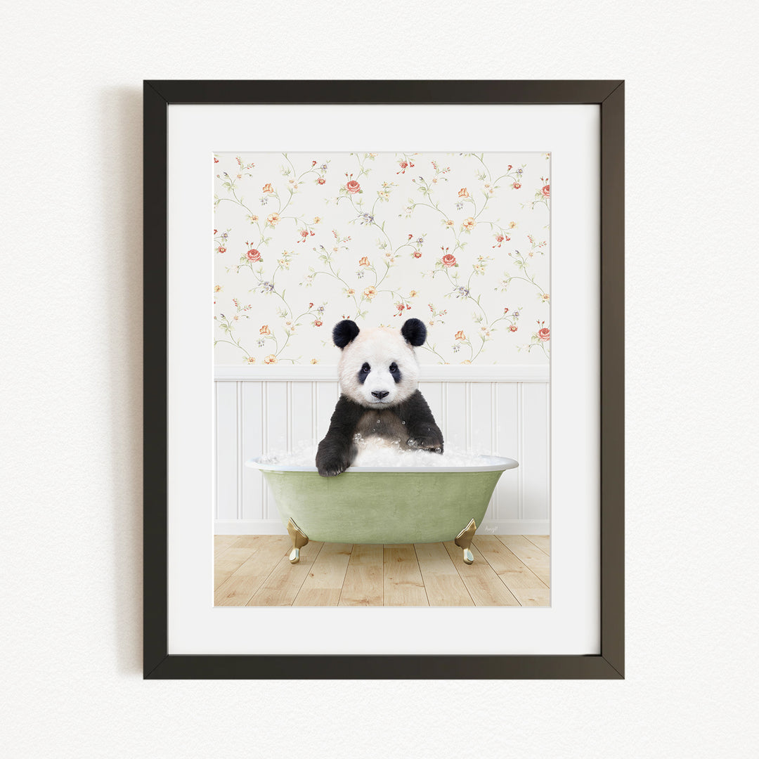 A panda bear sitting in a green bathtub, surrounded by a floral wallpaper.