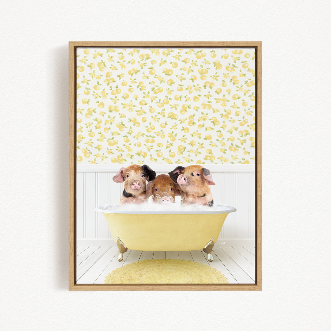 Three adorable pigs sitting in a yellow bathtub, surrounded by a yellow floral pattern on the wall behind them.