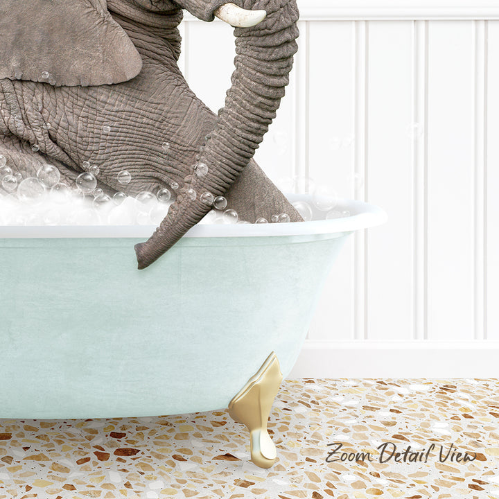 A large elephant is sitting in a bathtub filled with bubbles, creating a whimsical and playful scene.