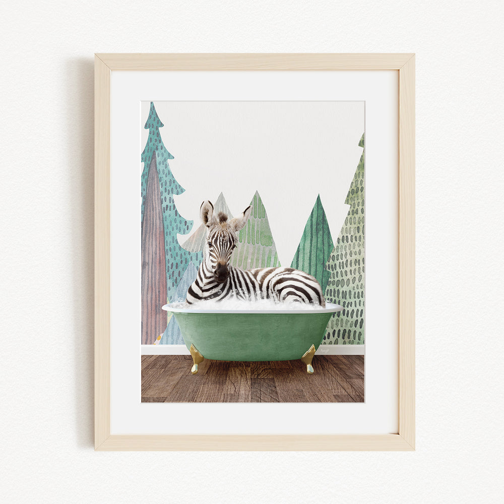 A zebra is sitting in a green bathtub, surrounded by trees with green and brown leaves, creating a whimsical and playful scene.