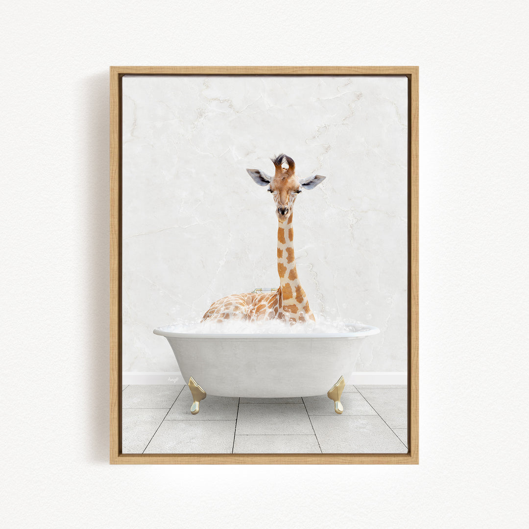 A giraffe sitting in a white bathtub filled with water, creating a whimsical and playful scene.