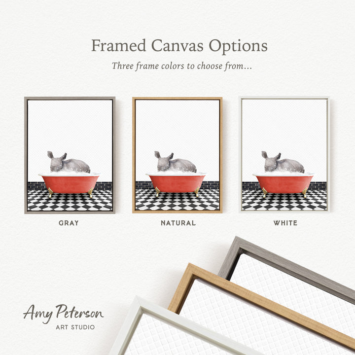 three framed canvas options, each featuring a picture of a rabbit in a red bowl on a black and white checkered floor. The options include a gray, a natural, and a white frame.