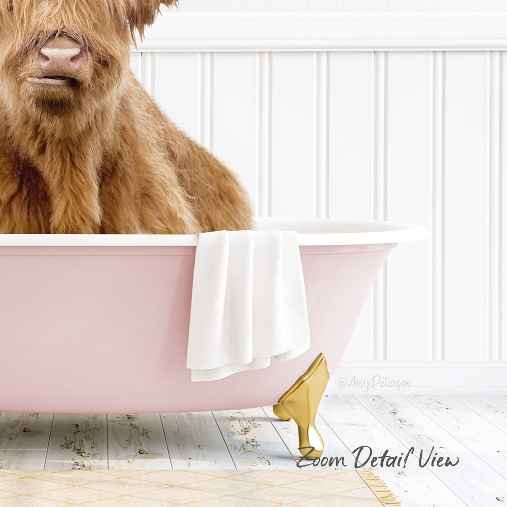 A brown dog sitting in a pink bathtub, with a white towel and gold bathtub faucet visible.