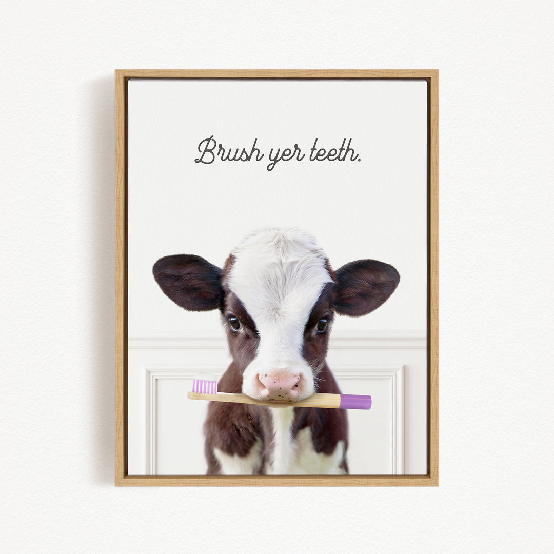 A cow holding a toothbrush in its mouth, with the text "Brush yer teeth" above it.