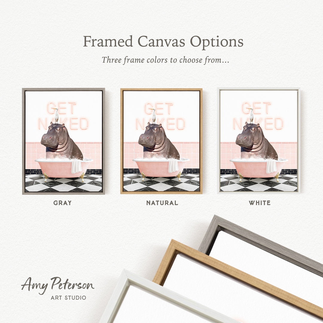 three framed canvas options featuring a hippopotamus in a bathtub, with different frame colors to choose from.