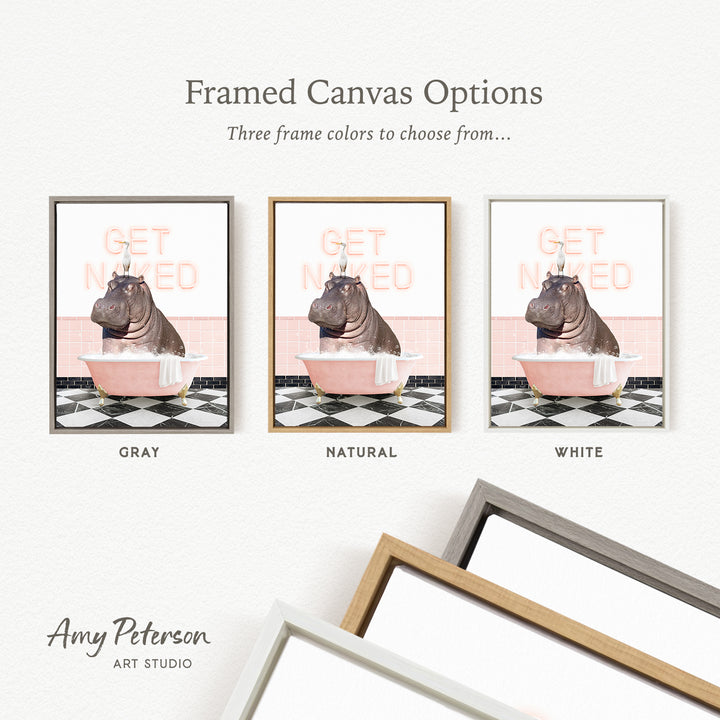 three framed canvas options featuring a hippopotamus in a bathtub, with different frame colors to choose from.