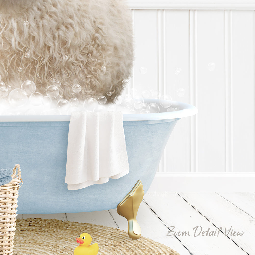 A fluffy white dog is sitting in a blue bathtub filled with bubbles, surrounded by a yellow rubber duck and a white towel.