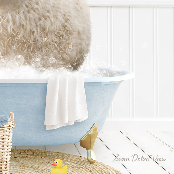 A fluffy white dog is sitting in a blue bathtub filled with bubbles, surrounded by a yellow rubber duck and a white towel.