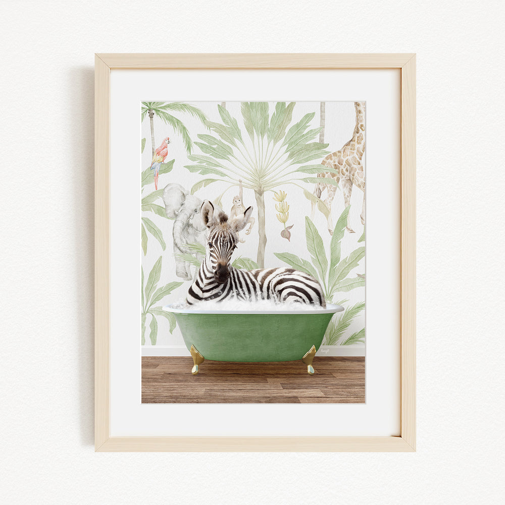 A zebra is sitting in a green bathtub, surrounded by a tropical jungle scene with palm trees, giraffes, and other animals.