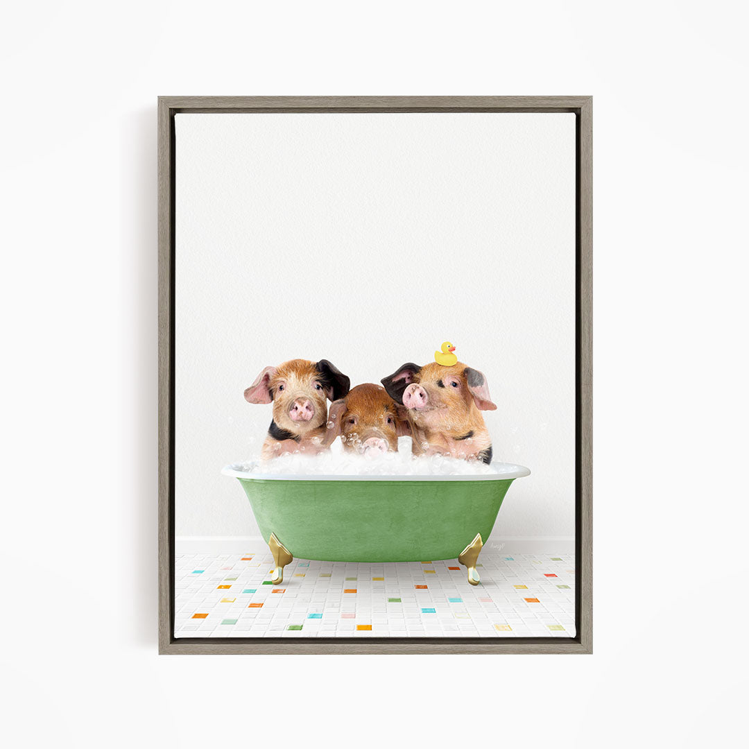 Three adorable pigs sitting in a green bathtub, each wearing a yellow rubber duck hat.