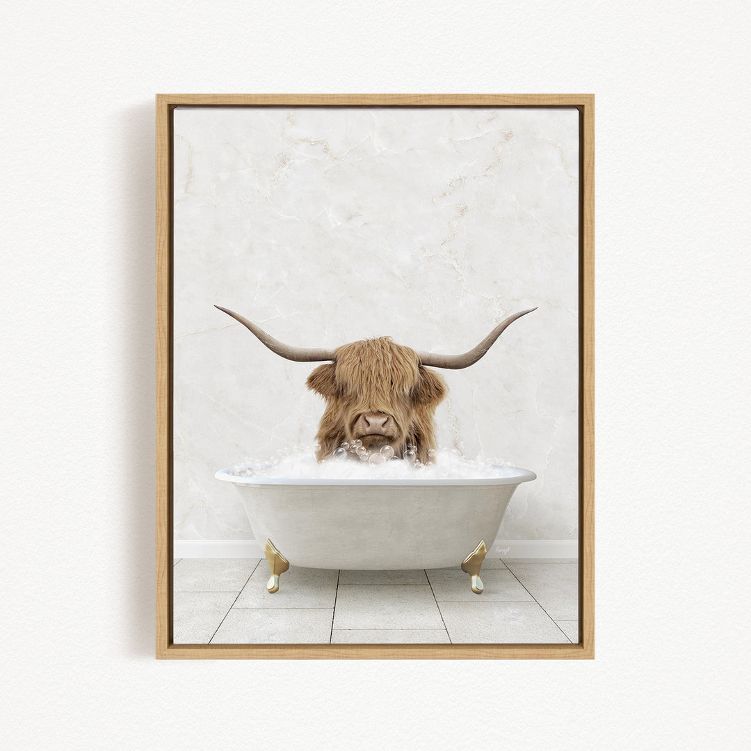 A Highland cow with long horns is sitting in a white bathtub filled with water, creating a whimsical and humorous scene.