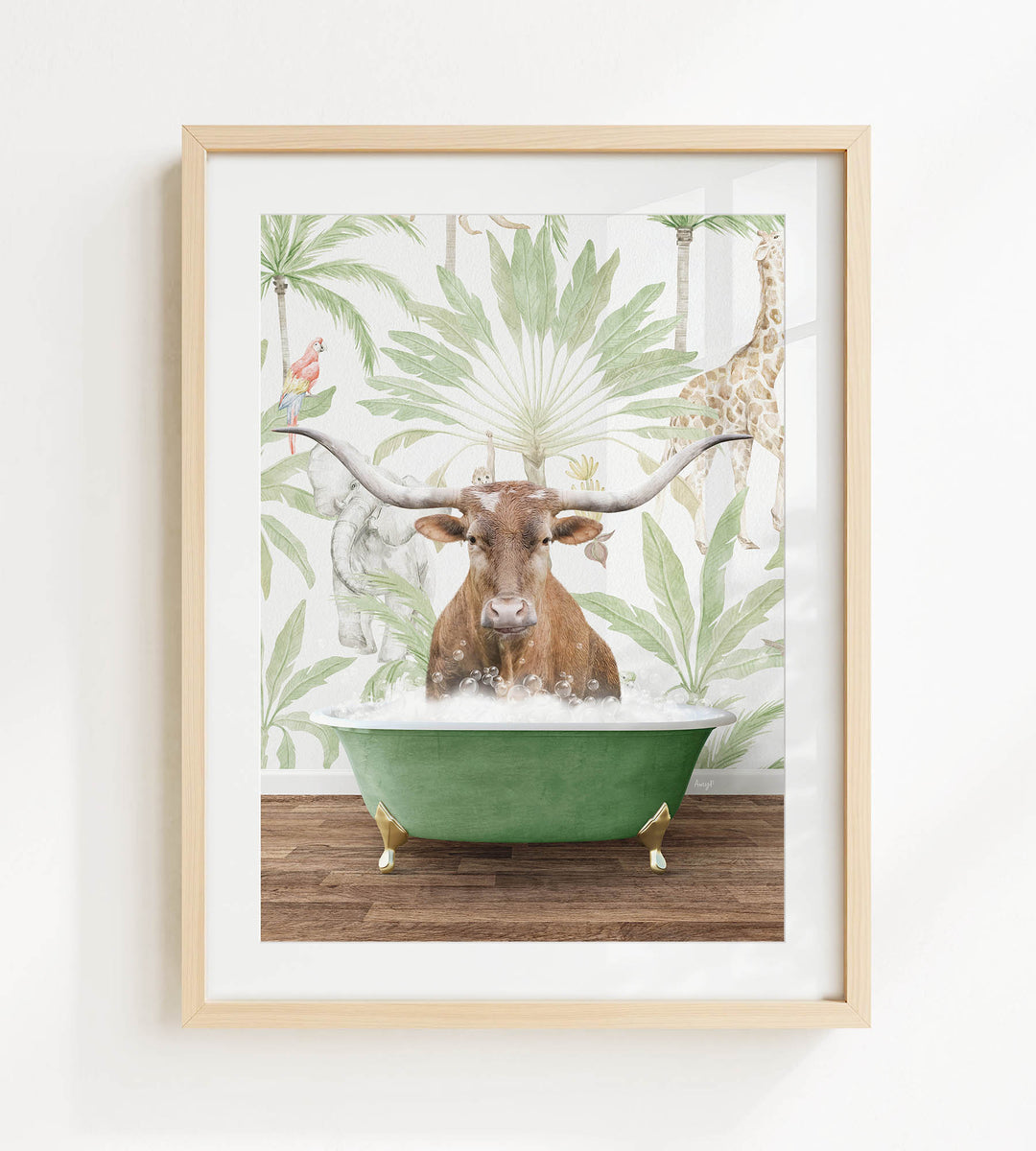 A brown cow with large horns is sitting in a green bathtub, surrounded by tropical foliage and a giraffe in the background.
