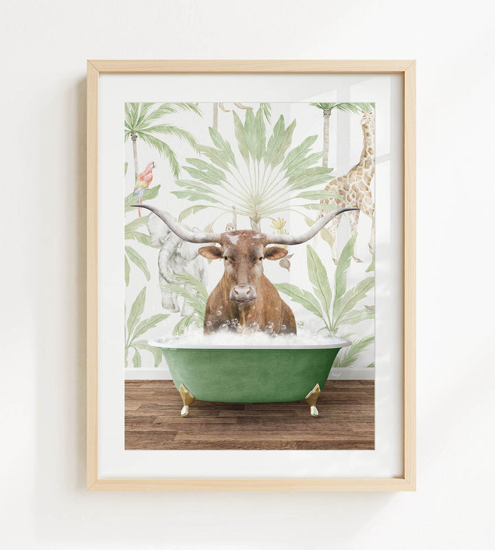 A brown cow with large horns is sitting in a green bathtub, surrounded by tropical foliage and a giraffe in the background.