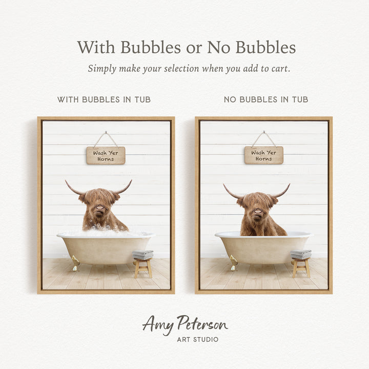 The image is a collage of two pictures featuring a Highland cow sitting in a bathtub. The cow has long horns and is surrounded by bubbles, creating a playful and whimsical scene.