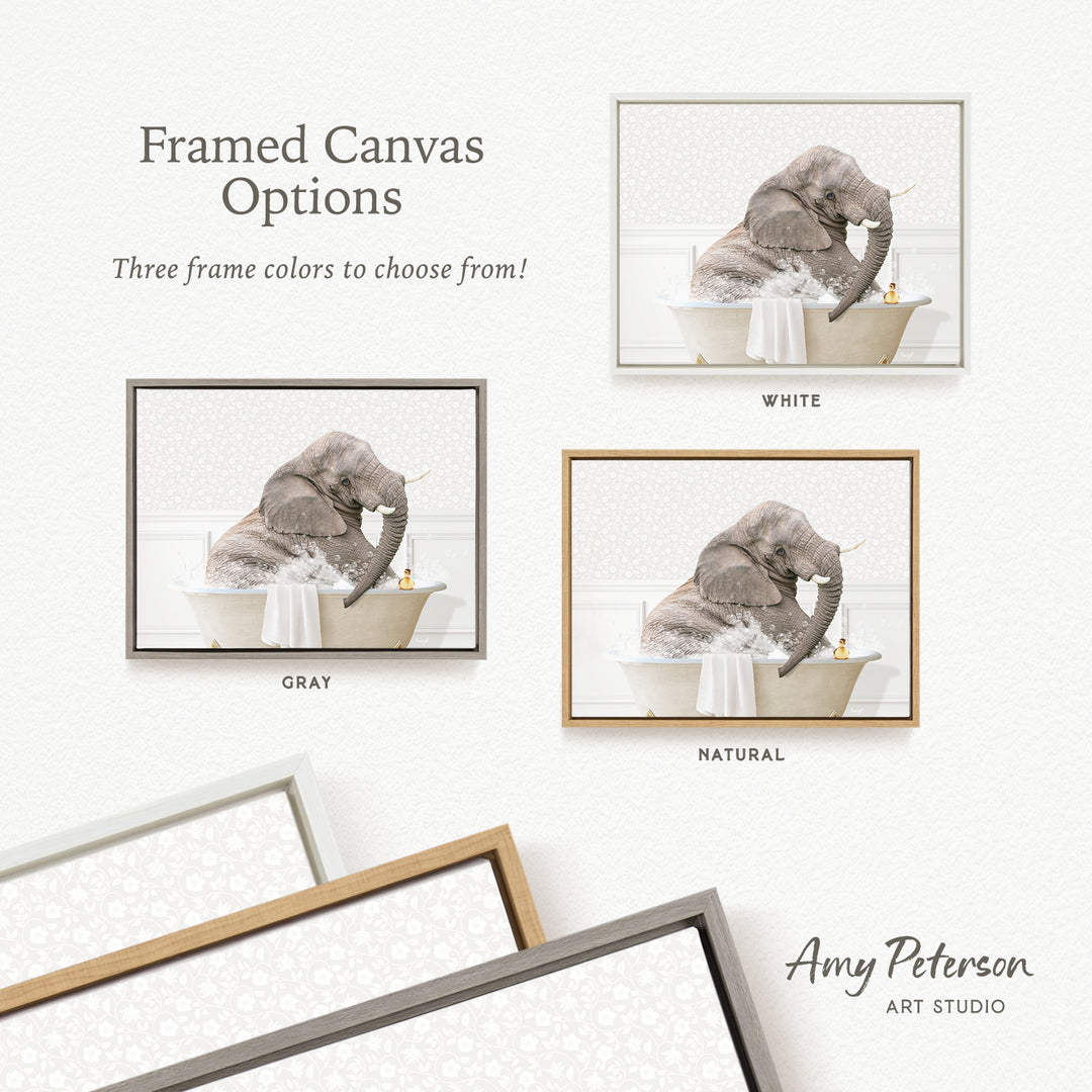 The image is a framed canvas with three different options for frame colors: white, gray, and natural. The image depicts an elephant sitting in a bathtub, and the text provides information about the frame colors available for the canvas.