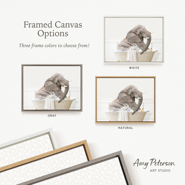 The image is a framed canvas with three different options for frame colors: white, gray, and natural. The image depicts an elephant sitting in a bathtub, and the text provides information about the frame colors available for the canvas.