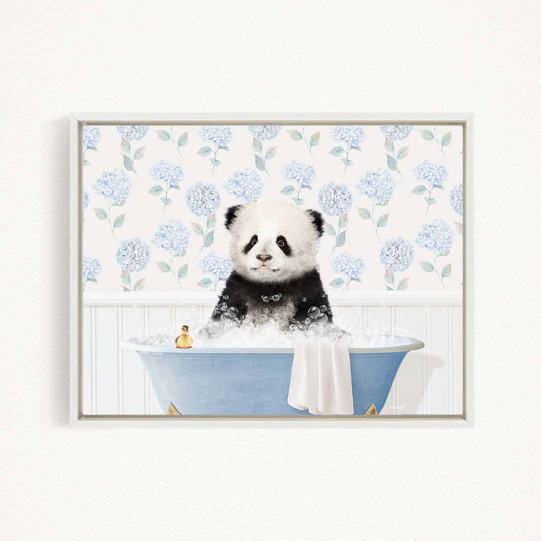 A panda bear sitting in a blue bathtub, surrounded by blue flowers, with a yellow rubber duck floating in the water.