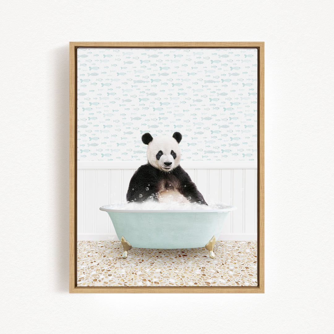 A panda bear sitting in a bathtub filled with bubbles, surrounded by a patterned wall.