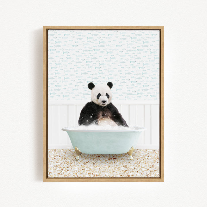A panda bear sitting in a bathtub filled with bubbles, surrounded by a patterned wall.