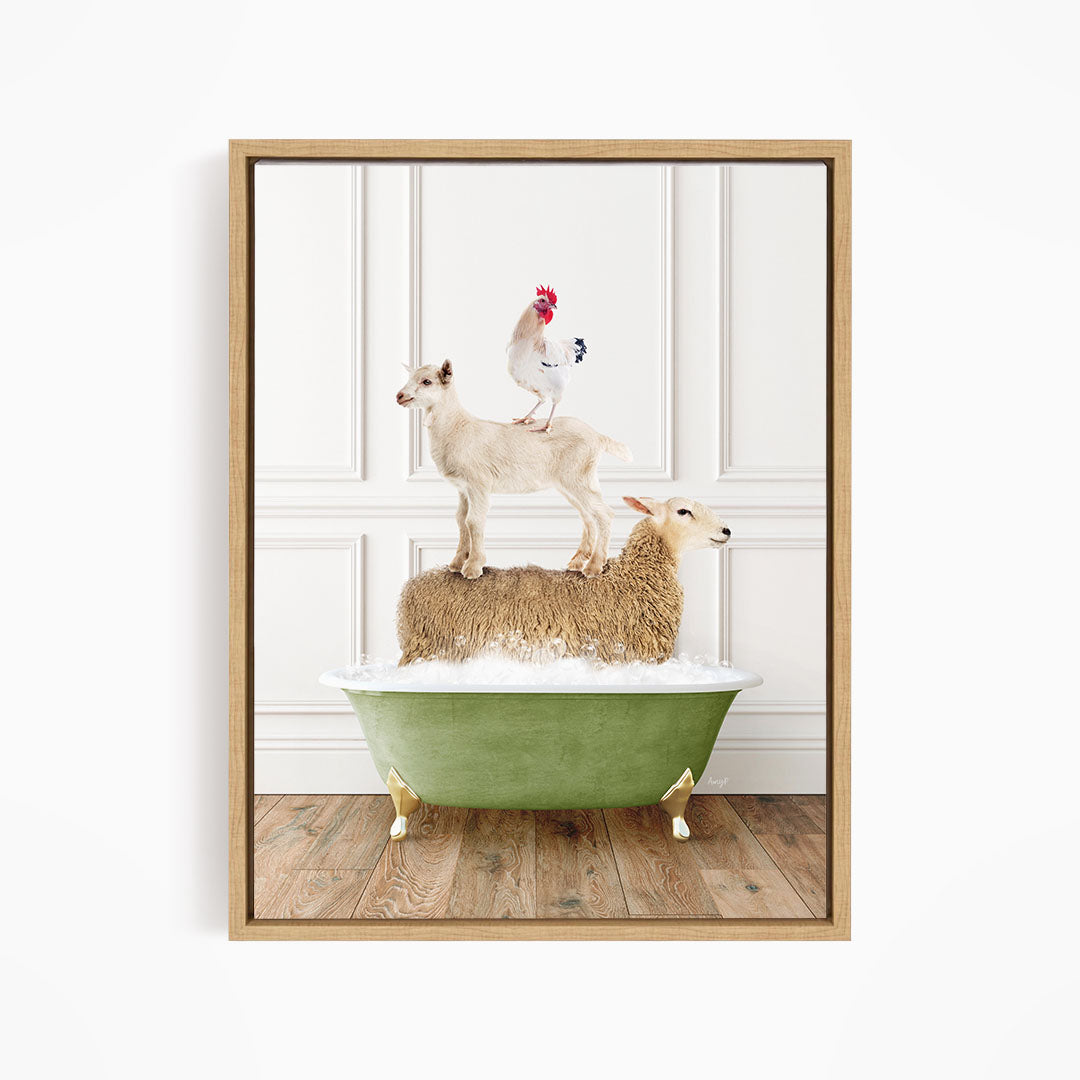 A framed image depicting a sheep standing on a green bathtub, with a rooster perched on top of it.