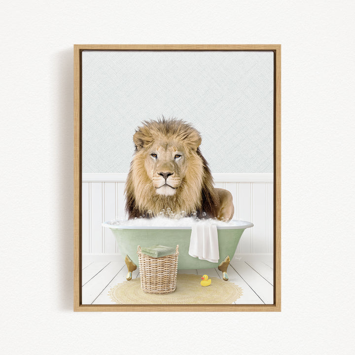 A lion sitting in a bathtub filled with water, surrounded by various objects such as a basket, a towel, and rubber ducks.