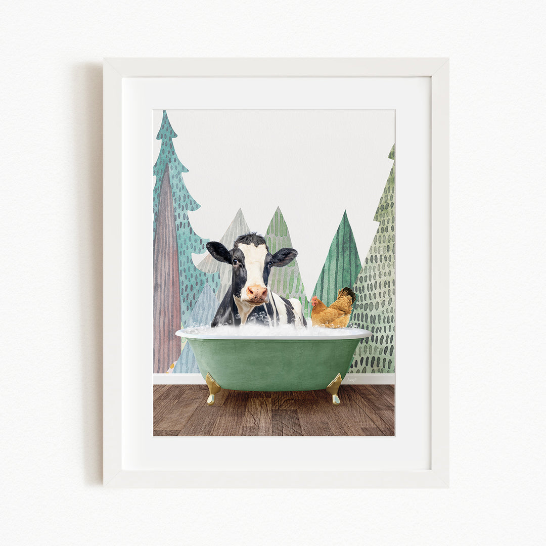 A black and white cow is sitting in a green bathtub, surrounded by a chicken and a tree, with a forest-like background.