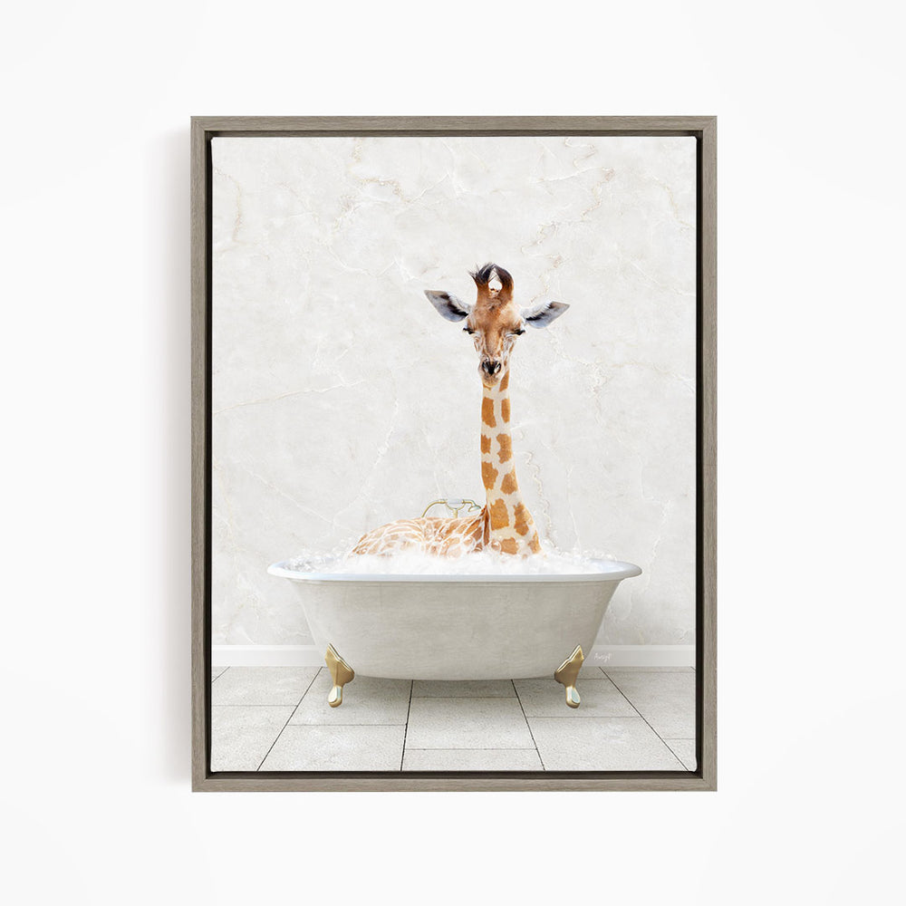 A giraffe is sitting in a white bathtub filled with water, creating a whimsical and playful scene.